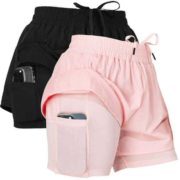 Ultra Performance Gym Shorts Women Pack of 2, Nylon Compression Workout Shorts Women with Liner, X-Small Black, Pink