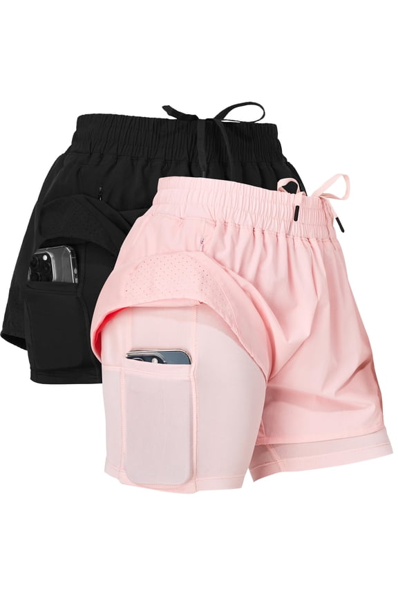 Gym Shorts Women Pack of 2, Nylon Compression Workout Shorts Women with Liner, X-Small Black, Pink