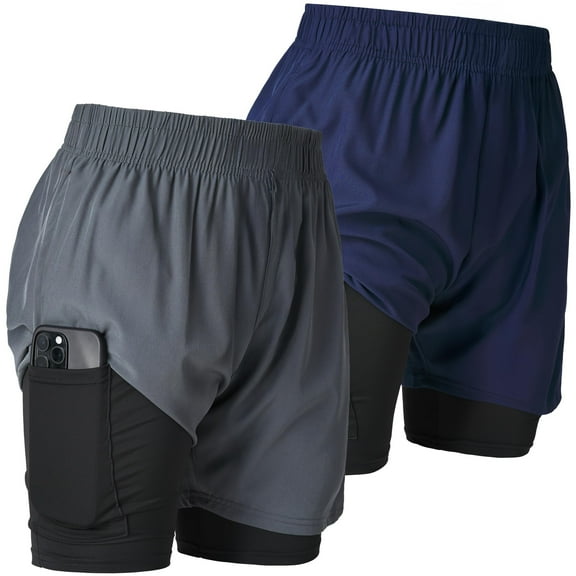 Ultra Performance Men's Athletic 2 in 1 Compression Shorts 2 Pack Mens Gym Workout Running Shorts Training Short for Men, 5 Inch Inseam Navy/Charcoal