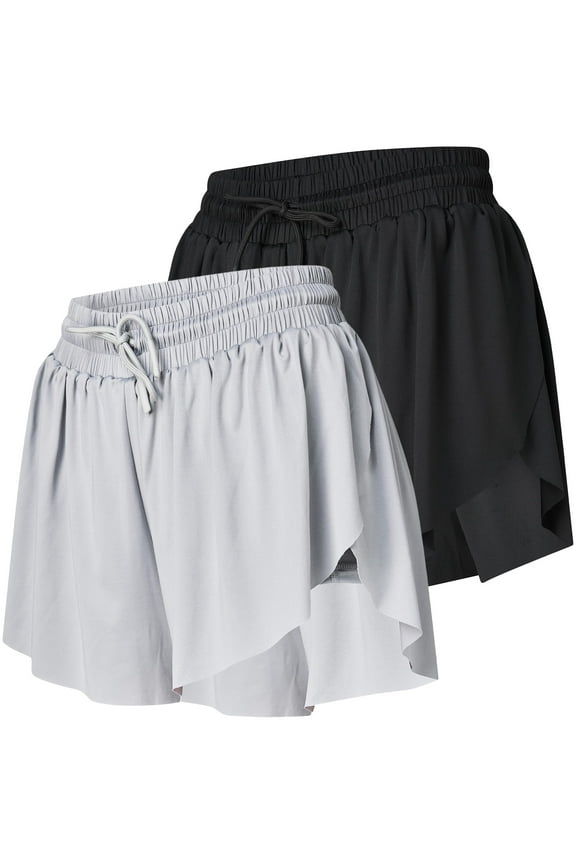 Womens Running 2 in 1 Butterfly Shorts Athletic Womens Gym Workout Short's Summer Flowy Spandex Short for Women Black/Grey