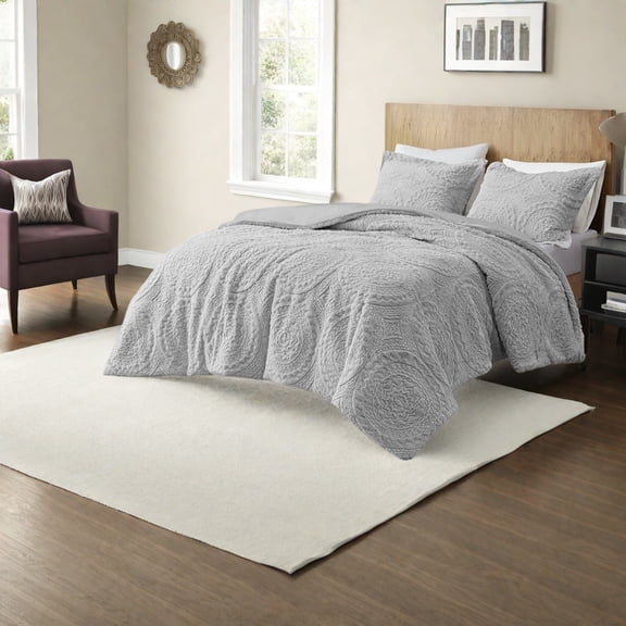 Ultra Plush Bedding Sets with Faux Fur Embroidered Medallion Design Grey