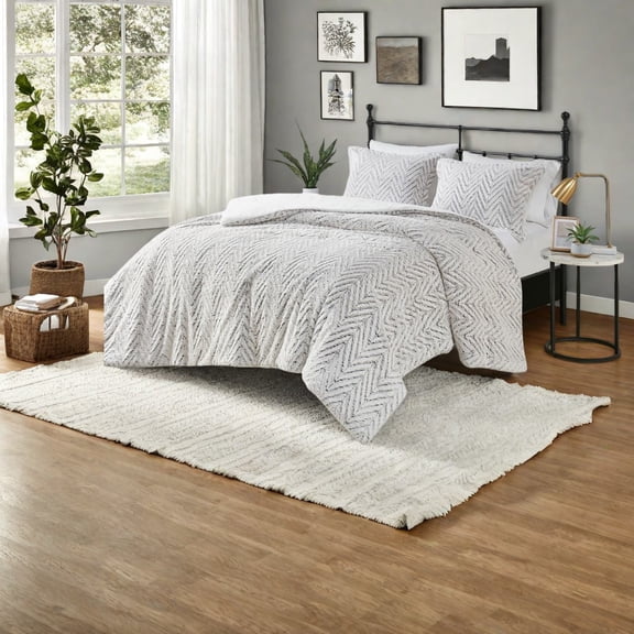 Ultra Plush Faux Fur Bedding Sets Down Alternative Comforter with Chevron Design Ivory Queen Size