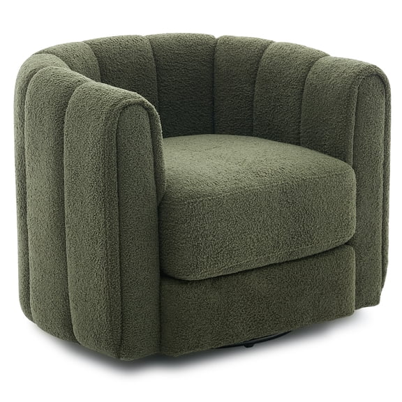 Ultra-Plush Swivel Accent Chair, 360° Barrel Lounge Chair with Cloud-Like Padding & Modern Striped Backrest, Velvet Upholstered Round Armchair for Living