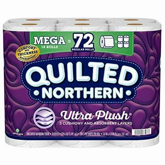 Ultra Plush Toilet Paper, 18 Mega Rolls = 72 Regular Rolls, 3-Ply Bath Tissue
