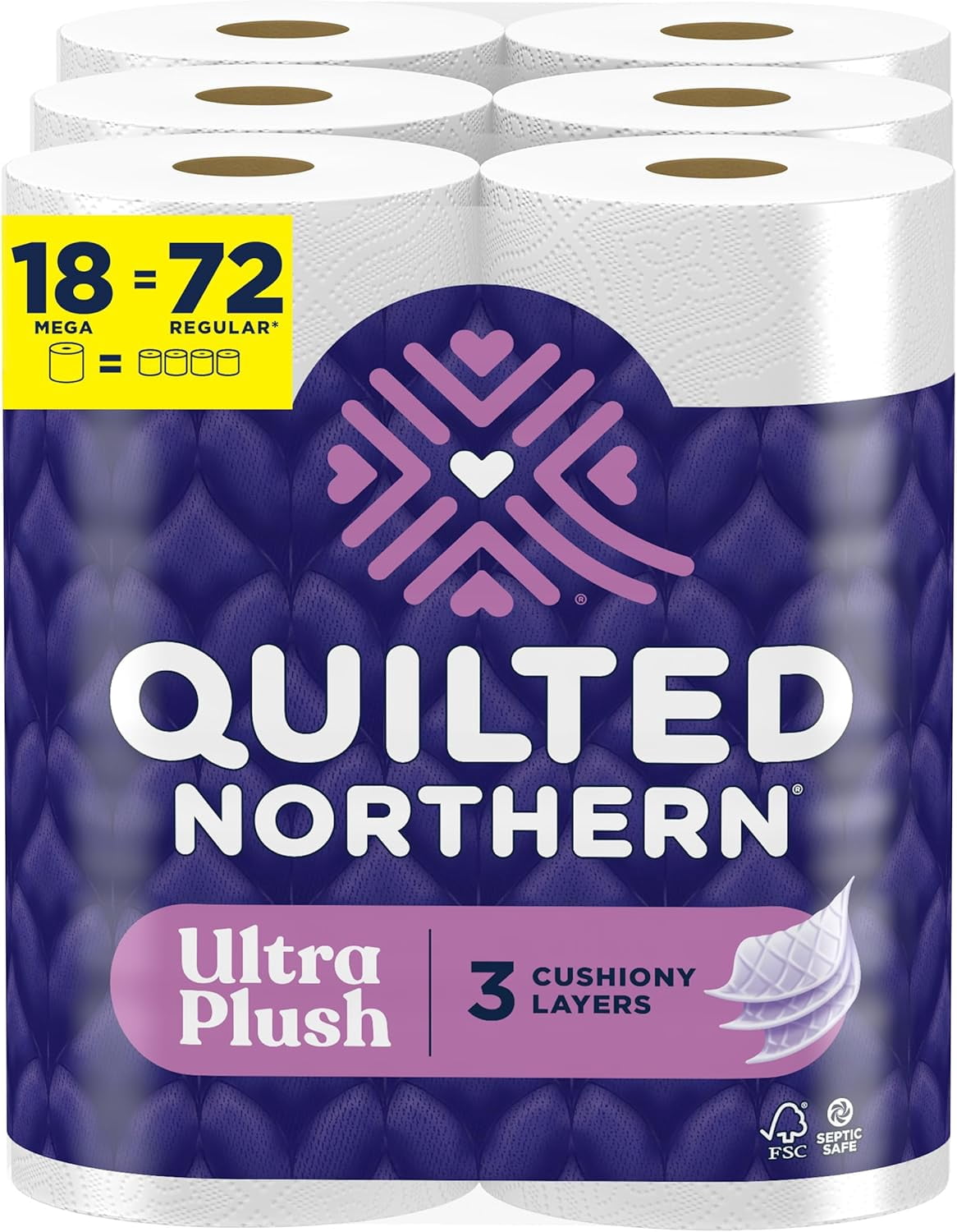 Ultra Plush Toilet Paper, 18 Mega Rolls = 72 Regular Rolls, 3X Thicker*, 3 Ply Soft Toilet Tissue