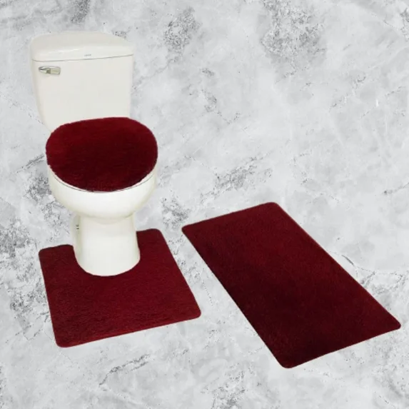 Gorgeous Home Linen 3pc Bathroom Soft Rug Set Large Rug , Contour Mat, and Toilet Lid Cover Rubber Backing Solid Color Burgundy #6