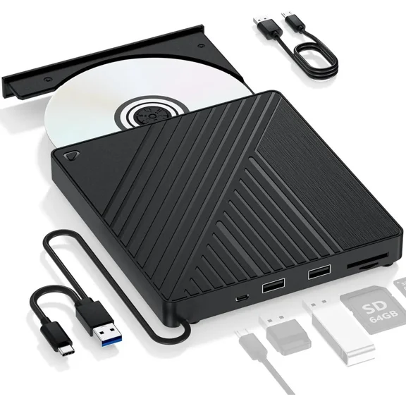 Ultra-Portable 5-in-1 External Blu-ray Drive: USB 3.0 & USB-C DVD/CD Burner, BD Reader with Dual USB-A Ports & SD/TF Card Readers Seamless Laptop/PC Compatibility for Windows, Mac, Linux