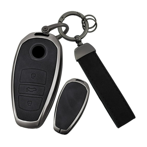 Ultra Protective Metal Shell and Leather Hybrid Key Fob Cover with Keychain for Volkswagen Touareg 2010 to 2017 Models Full Guard Protector Case