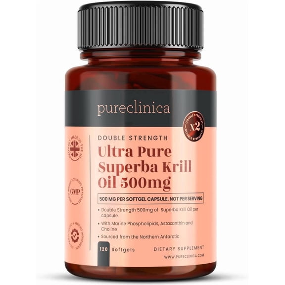 Ultra Pure Superba Krill Oil 500mg x 120 Capsules - Sourced in The Unpolluted Waters of Antarctic Providing a Rich Supply of Astaxanthin, Omega 3 and Vitamin D