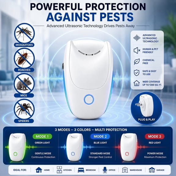 Ultra-Quiet,6 Pack,Ultrasonic Pest Repeller Indoor Plug-in,2026 Upgraded Electronic Pest Control with 3 Modes for Mice,Rats,Roaches,Mosquitoes,Spiders&Ants