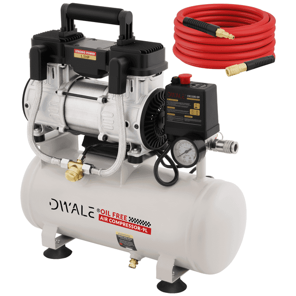 Ultra Quiet Air Compressor, 60dB Low Noise, 2.4 Gallon Oil-Free Tank, 1.5HP 110V/60Hz, 6.71CFM@115PSI. Built with safety valve, overload protection and cooling fan, ideal for spray painting, auto re