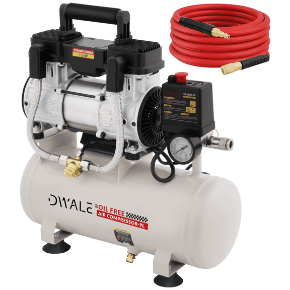 Ultra Quiet Air Compressor, 60dB Low Noise, 2.4 Gallon Oil-Free Tank, 1.5HP 110V/60Hz, 6.71CFM@115PSI. Built with safety valve, overload protection and cooling fan, ideal for spray painting, auto re