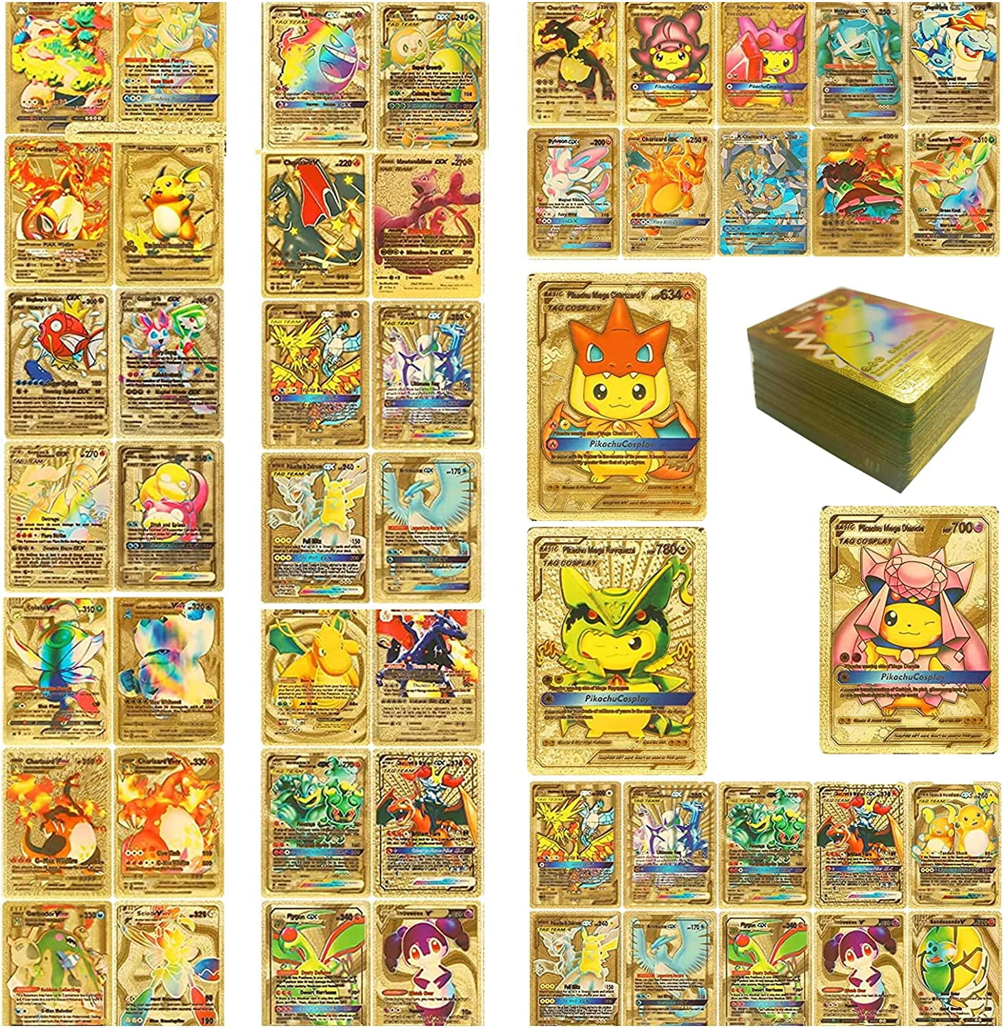 55 PCS Gold Foil Pokemon-Style Cards Pack - Vmax, GX, DX Rare Cards, No  Duplicates, Gold Deck Box, Gift Ready Pokemon Cards Gold