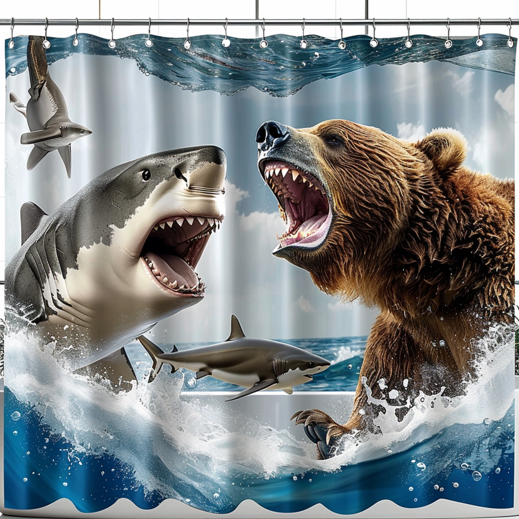 Ultra Realistic Bear Shark Face Off Ocean Scene Shower Curtain Dynamic ...
