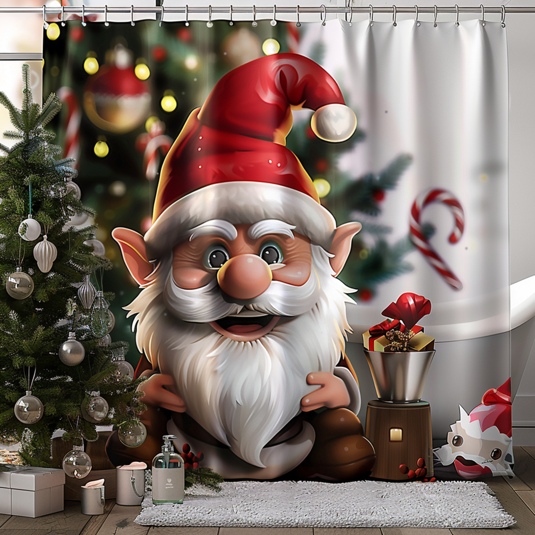 Ultra Realistic Christmas Gnome Elf Shower Curtain with Festive Decor