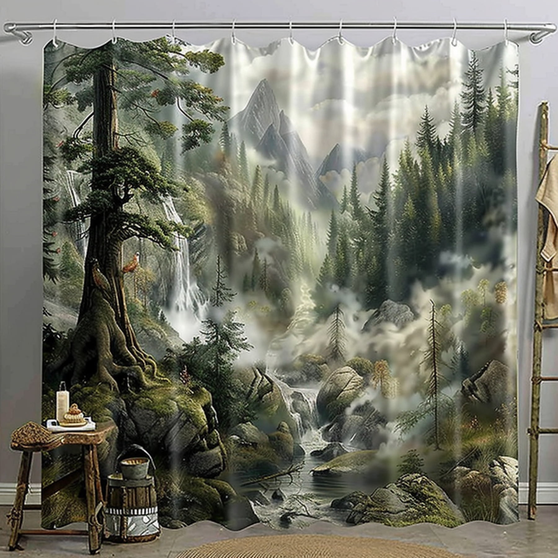 Ultra Realistic Forest Waterfall Shower Curtain Nature Scene with