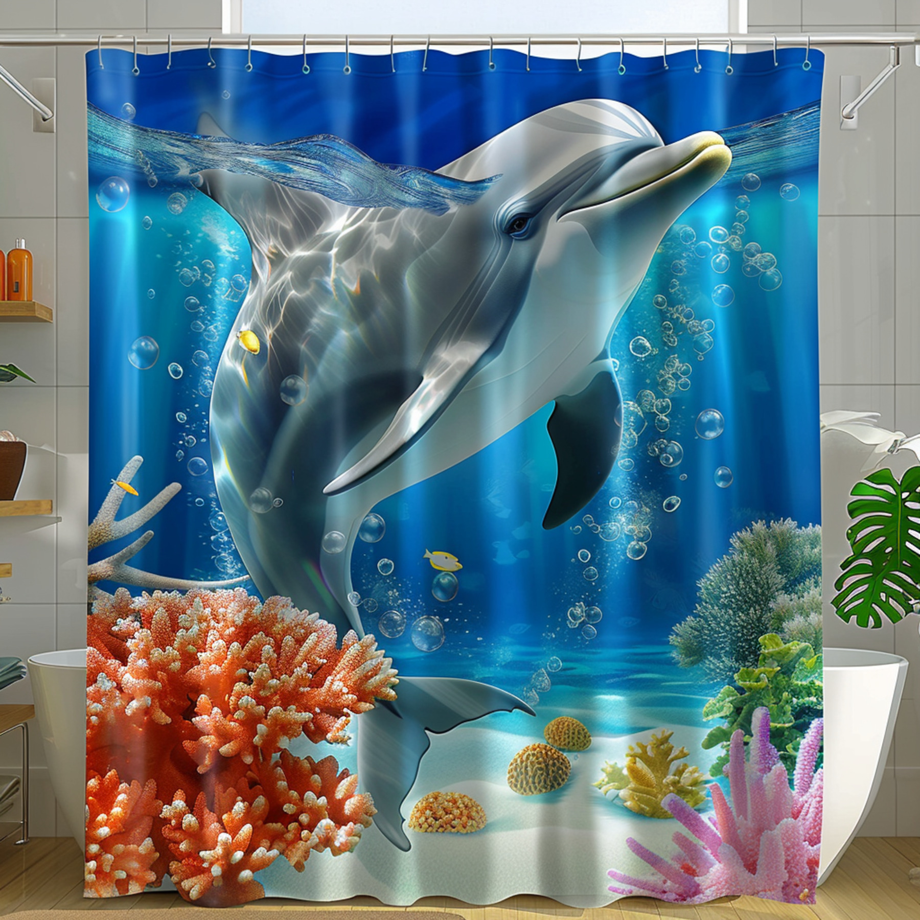 Ultra Realistic Heart & Dolphin Ocean Scene Shower Curtain Blue