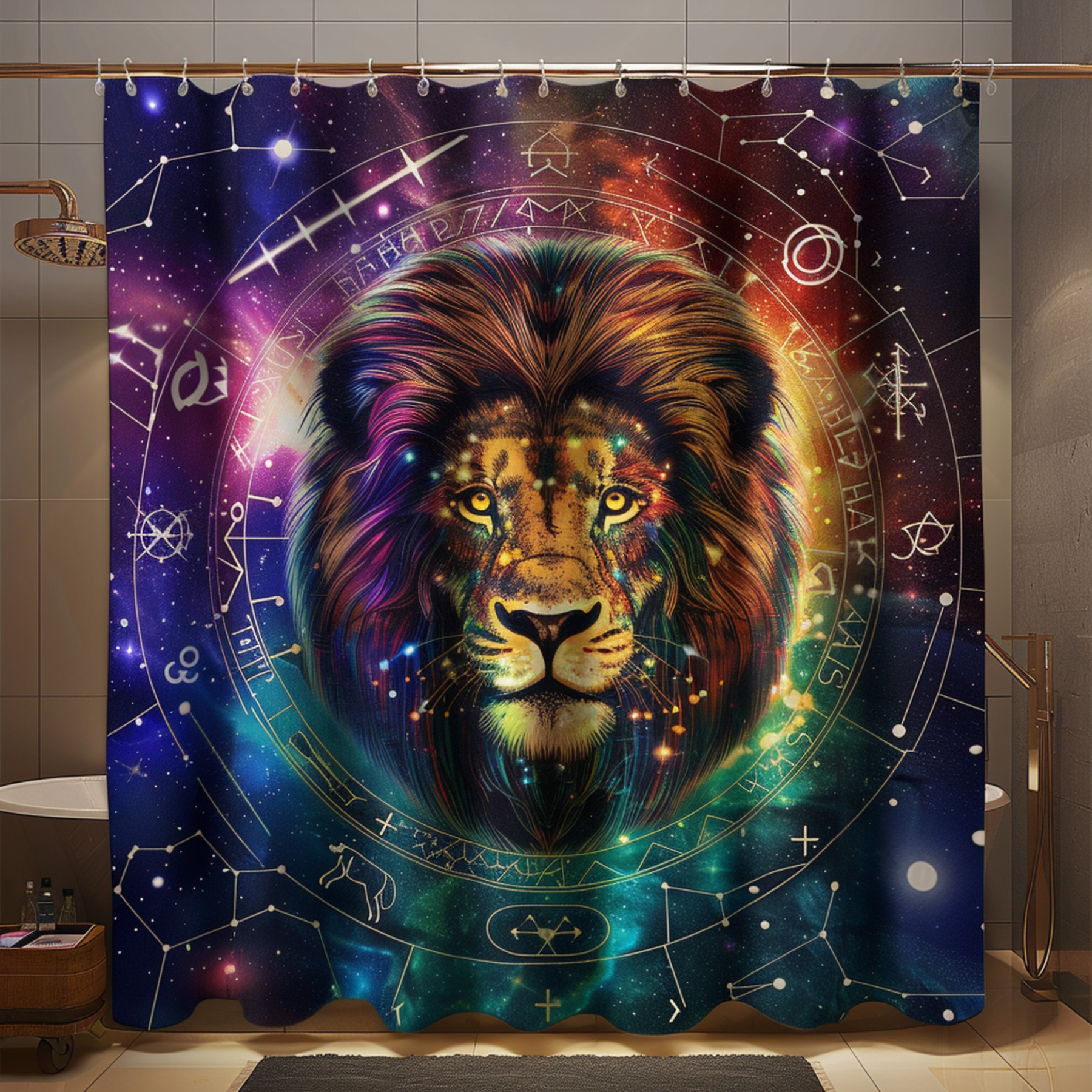 Ultra Realistic Lion Zodiac Shower Curtain Vibrant Colors Astrological