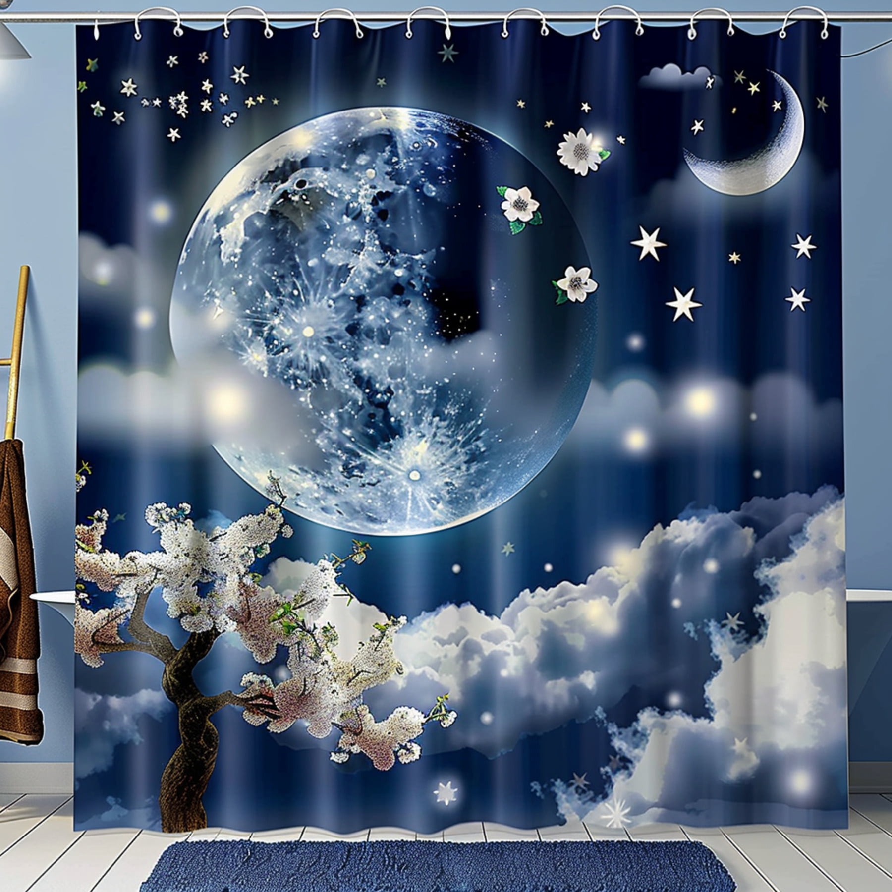 Ultra Realistic Moon and Stars Shower Curtain with White Flowers Night