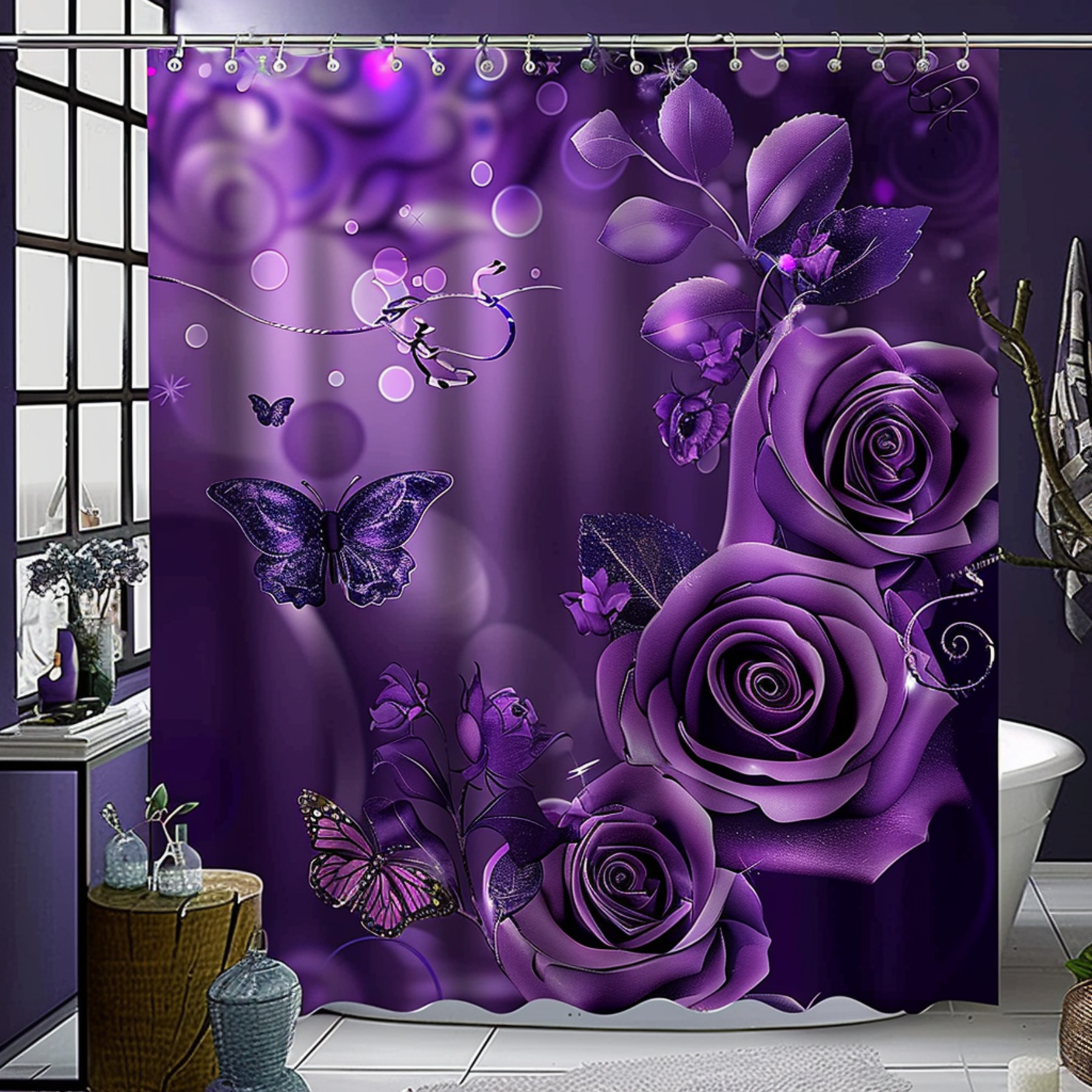 Ultra Realistic Purple Roses & Butterflies Shower Curtain Hyper