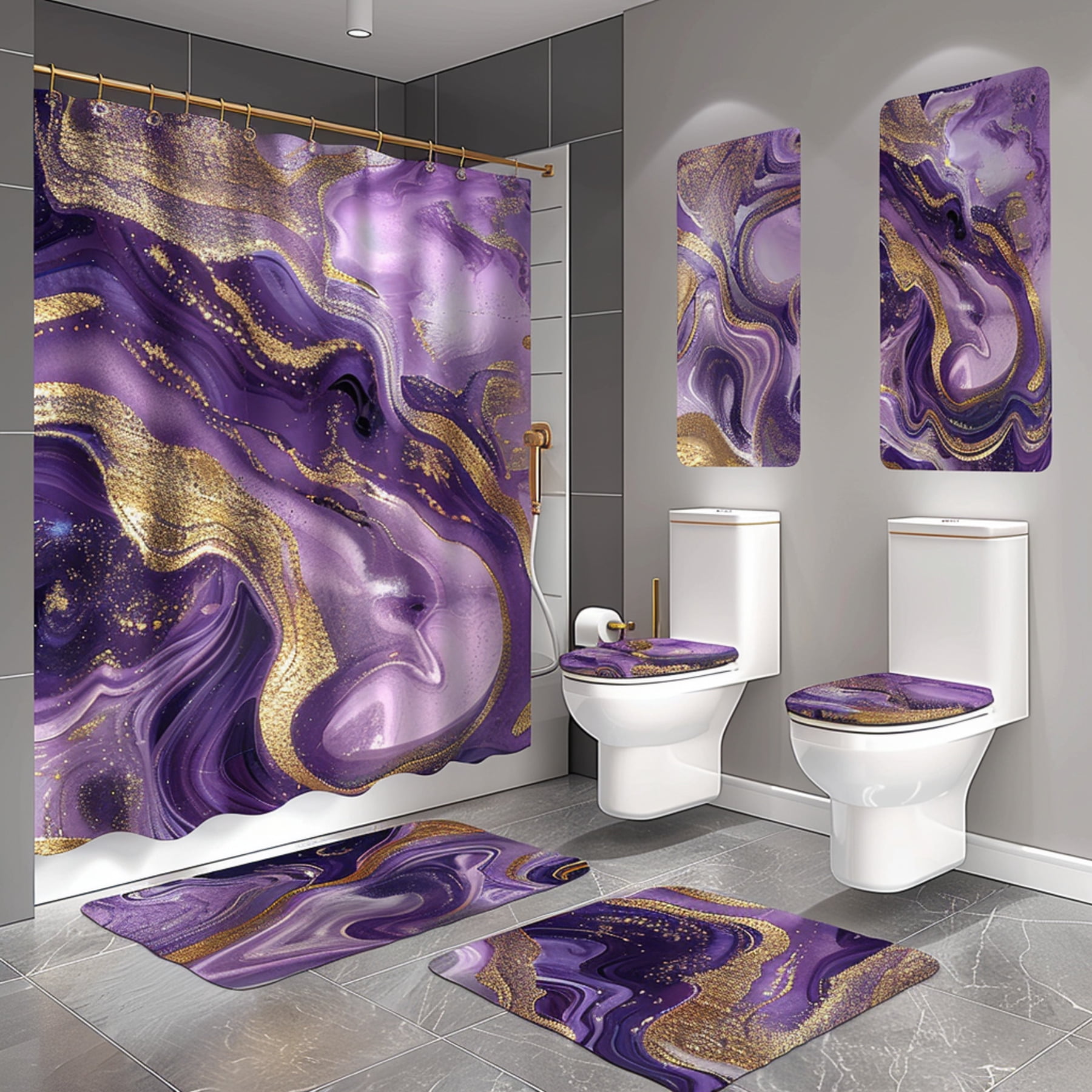 Ultra Realistic Purple and Gold Marble Bathroom Set with Shower Curtain ...
