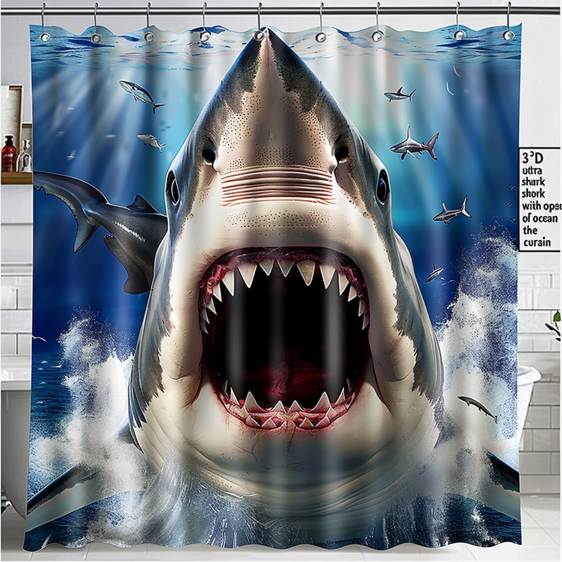 Ultra Realistic Shark Shower Curtain Ocean Bathroom Decor Open Mouth