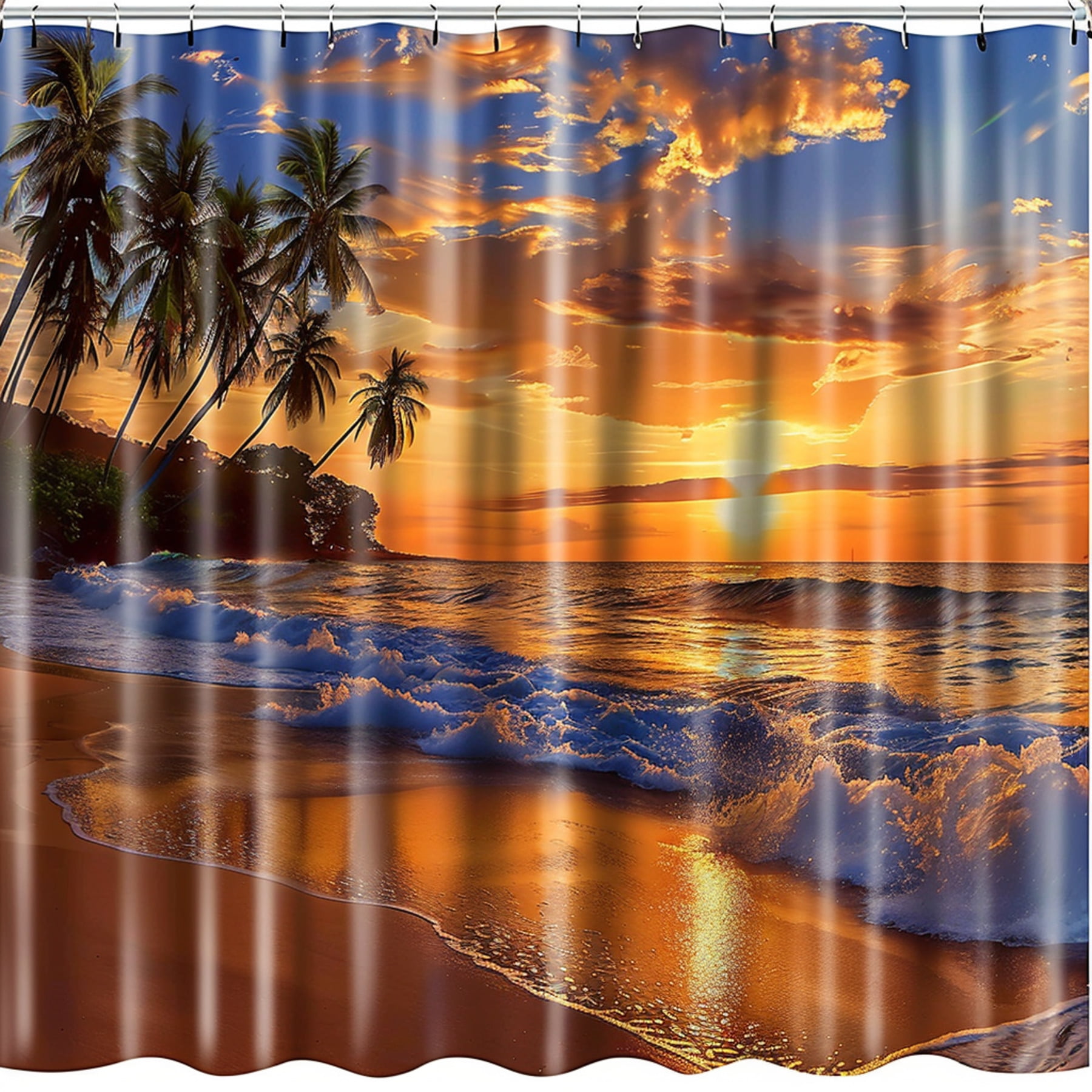 Ultra Realistic Tropical Beach Sunset Shower Curtain with Palm Trees