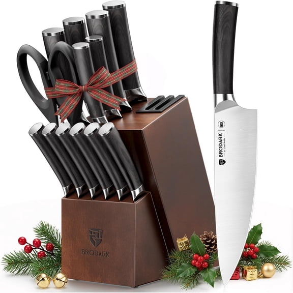 Ultra Sharp 15 Pcs Kitchen Knife Set with Block, Full Tang Chef Knives, High Carbon Stainless Steel Knife Block Set with Sharpener, Wooden Handle, Christmas Gifts
