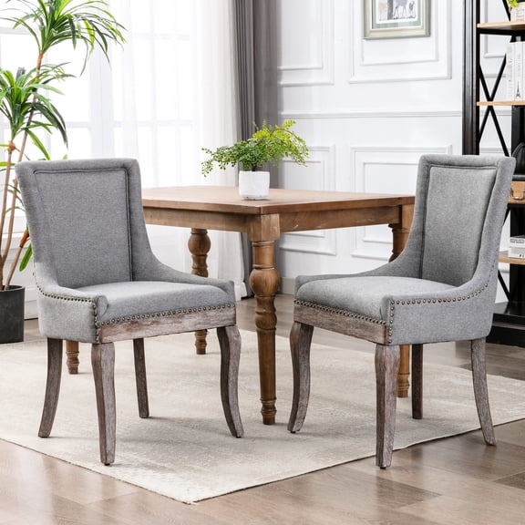 Ultra Side Dining Chair (2pcs) - Gray Fabric With Solid Wood Legs & Stylish Bronze Nail Head (2) Robust Firm Distinctive