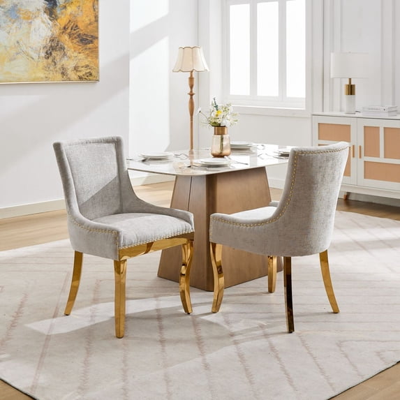 ,Ultra Side Dining Chair Thickened fabric chairs with neutrally toned solid wood legs Bronze nail head Set of 2 Orange