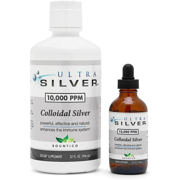 Ultra Silver Colloidal Silver | 10000 PPM 32 Oz (946mL) | Mineral Supplement | True Colloidal Silver - 4 oz Dropper Bottle (Empty) Included for Dispensing!