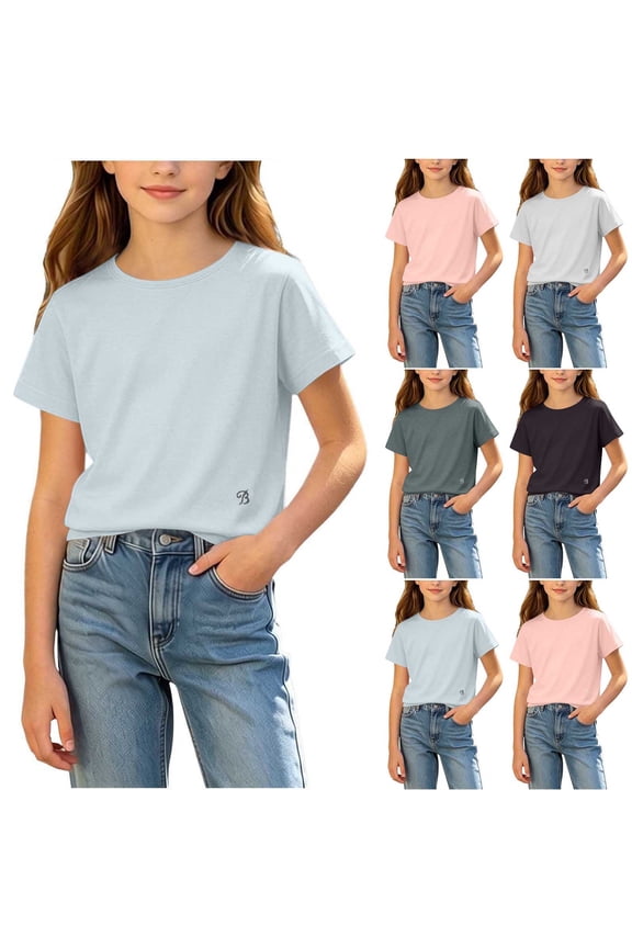 Ultra Skin-Friendly Soft Fabric Kids Plain Crew Neck Tee Breathable Short Sleeve Basic Top for Boys Girls 1-15Y White