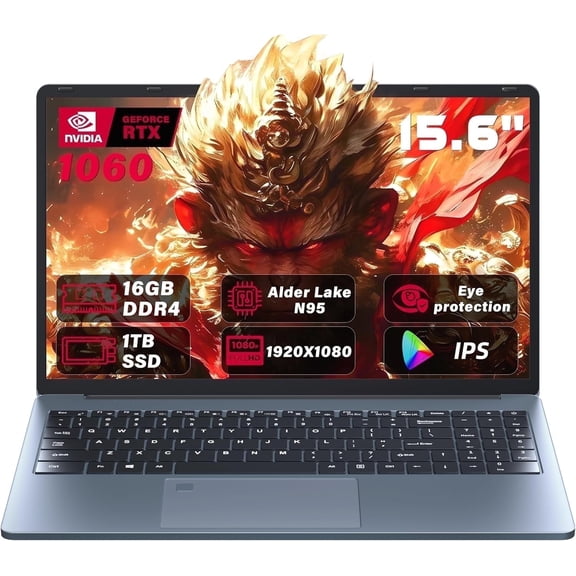 Ultra-Slim 15.6'' FHD Gaming Laptop,Celeron N95, GTX 1060 4GB,16G RAM 1T SSD, Win 11 Pro, High-Performance Notebook, HDMI, Type-C, RJ45, Wi-Fi, BT, Backlit kb,Fingerprint