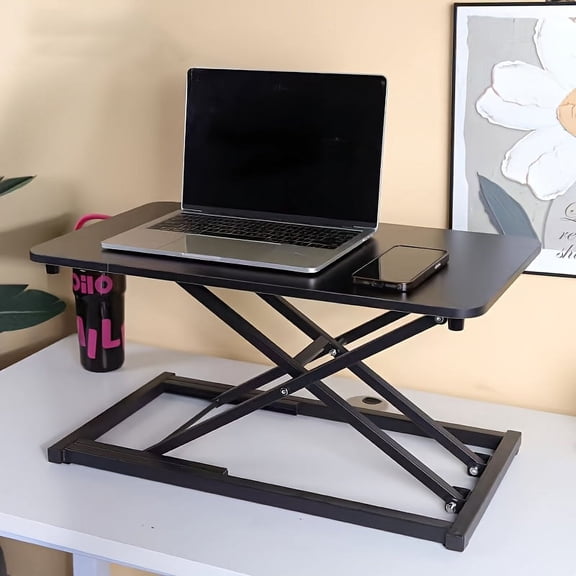 Ultra-Slim Black Standing Desk Converter, 24 x 14 Inch Manual Height Adjustable Riser for Monitors and Laptops, Compact Sit to Stand Workstation
