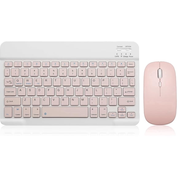 Ultra-Slim Bluetooth Keyboard and Mouse Combo, Multi-OS Rechargeable Wireless Keyboard & Mice Set Compatible with iOS, Android, Windows for Tablet, Laptop, Home Office Use,Pink 10in