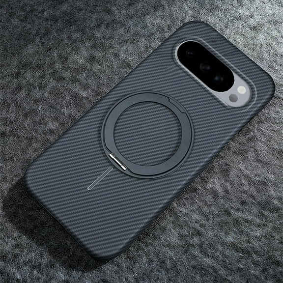 Ultra-Slim Carbon Fiber for Google Pixel 9 / 9 Pro Case with 360 Rotating Invisible Ring Holder Stand, Compatible with MagSafe, Luxury Anti-Slip Shockproof Military Protection Phone Cover, Black