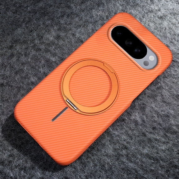Ultra-Slim Carbon Fiber for Google Pixel 9 / 9 Pro Case with 360 Rotating Invisible Ring Holder Stand, Compatible with MagSafe, Luxury Anti-Slip Shockproof Military Protection Phone Cover, Orange