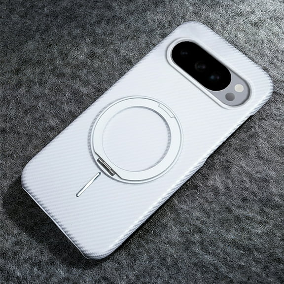 Ultra-Slim Carbon Fiber for Google Pixel 9 Pro XL Case with 360 Rotating Invisible Ring Holder Stand, Compatible with MagSafe, Luxury Anti-Slip Shockproof Military Protection Phone Cover, White