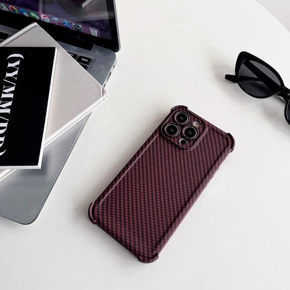 Ultra Slim Carbon Fiber Texture Back Case for iPhone 12, Plain Anti-falling Drop Protective Shockproof Durable Support Wireless Charging Cover Designed for iPhone 12, Winered