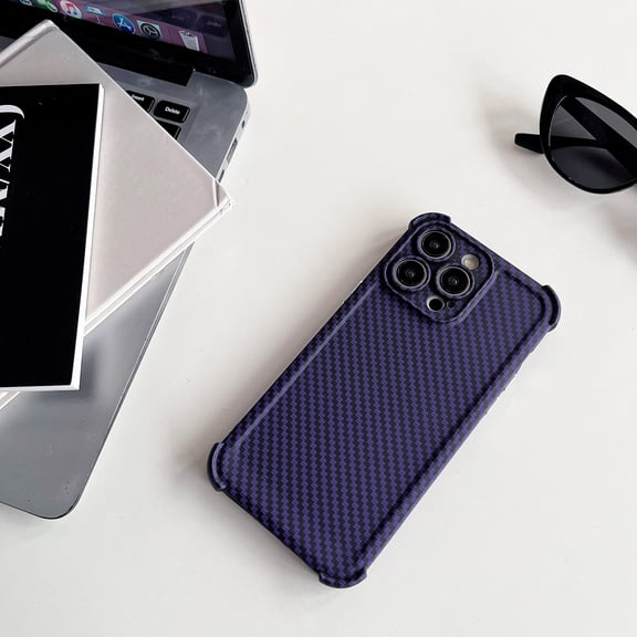 Ultra Slim Carbon Fiber Texture Back Case for iPhone 12, Plain Anti-falling Drop Protective Shockproof Durable Support Wireless Charging Cover Designed for iPhone 12, Darkpurple