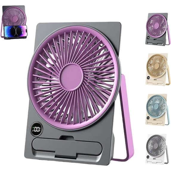 Ultra Slim Card USB Rechargeable Mini Fan, Ultra-Quiet Portable Mini Desk Fan with Phone Holder & LCD Display, Slim Card Fan with 6 Speeds for Office, Home, Travel (Purple)