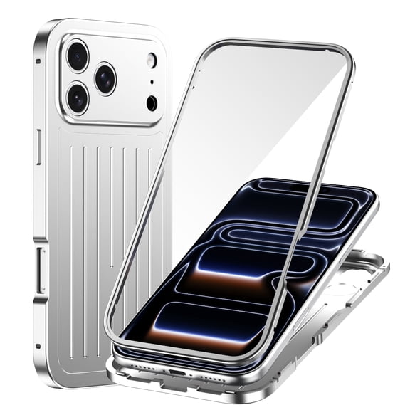 Ultra Slim Case Compatible with iPhone 16 Pro Max, Stylish Aluminum Alloy Metal Magnetic Front Back Cover, Built-in Screen Protector, Luxury Shockproof Drop Protective Phone Case, Silver