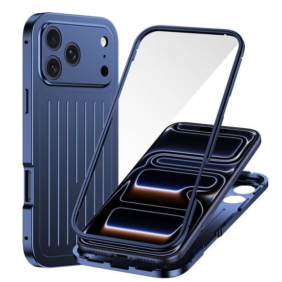 Ultra Slim Case Compatible with iPhone Air, Stylish Aluminum Alloy Metal Magnetic Front Back Cover, Built-in Screen Protector, Luxury Shockproof Drop Protective Phone Case, Blue