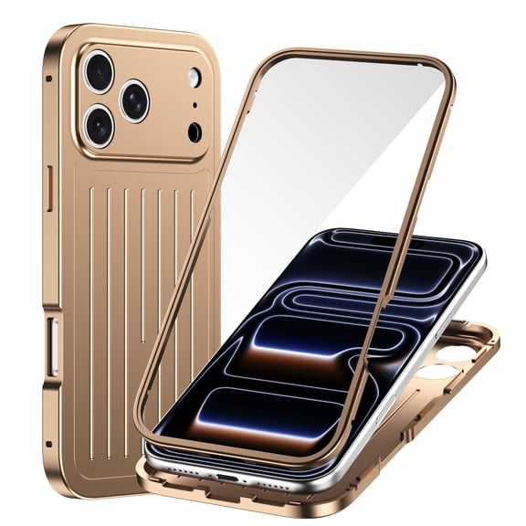 Ultra Slim Case Compatible with iPhone Air, Stylish Aluminum Alloy Metal Magnetic Front Back Cover, Built-in Screen Protector, Luxury Shockproof Drop Protective Phone Case, Gold