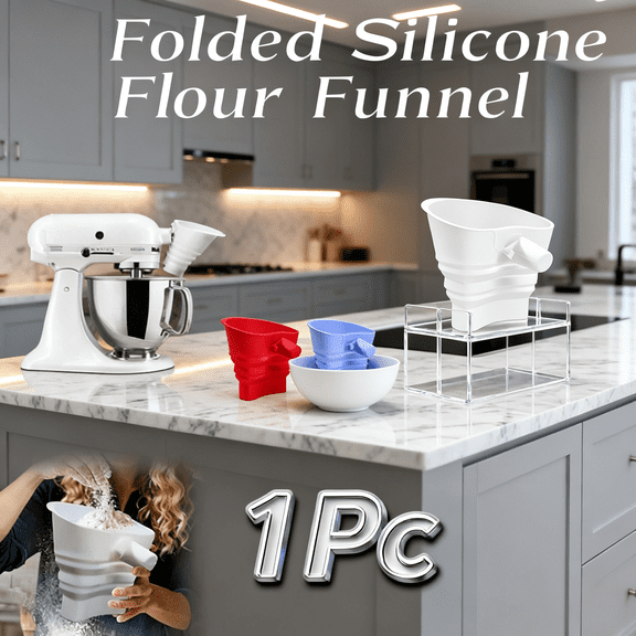 Ultra-Slim Collapsible Silicone Flour Funnel, Space-Saving Foldable Kitchen Transfer Tool, Flexible Angled Spout for Narrow Jars and Wide Mixing Bowls, Heat Resistant