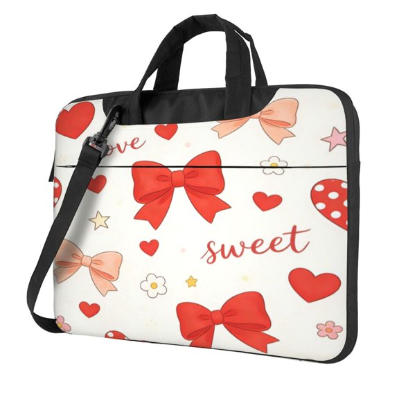 Ultra Slim Laptop Bag Waterproof Computer Case Shoulder Crossbody Tote With Padded Strap Side Storage 13 Inch Sweet Love Bow Heart Beige
