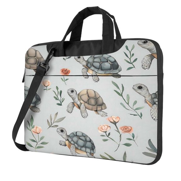 Ultra Slim Laptop Bag Waterproof Computer Case Shoulder Crossbody Tote With Padded Strap Side Storage 15.6 Inch Turtle And Flower