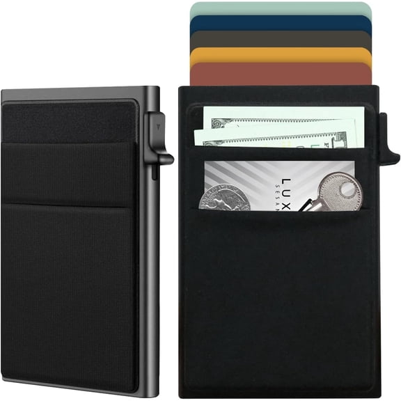 Ultra-Slim Metal Wallet for Men - RFID Blocking Minimalist Pop Up Card Holder, Elastic Pocket for Cash and Coins Black