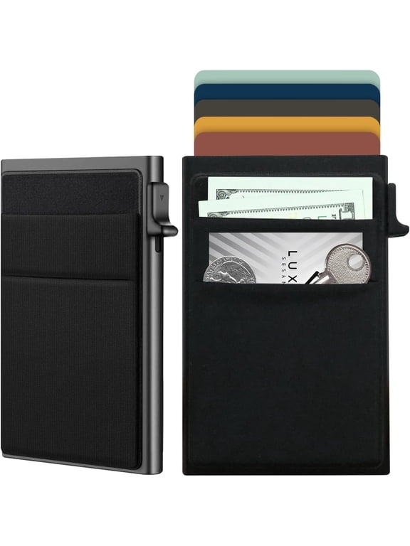 Ultra-Slim Metal Wallet for Men - RFID Blocking Minimalist Pop Up Card Holder, Elastic Pocket for Cash and Coins Black