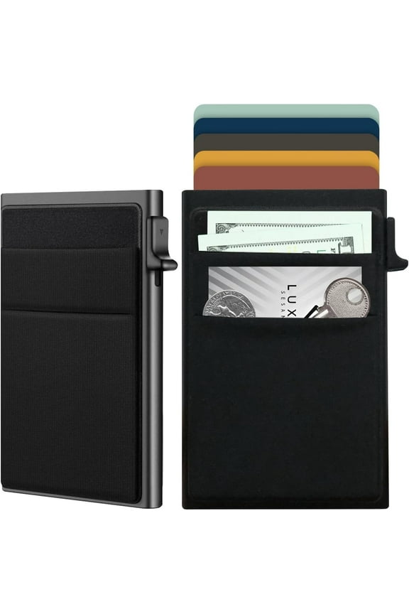 Ultra-Slim Metal Wallet for Men - RFID Blocking Minimalist Pop Up Card Holder, Elastic Pocket for Cash and Coins Black